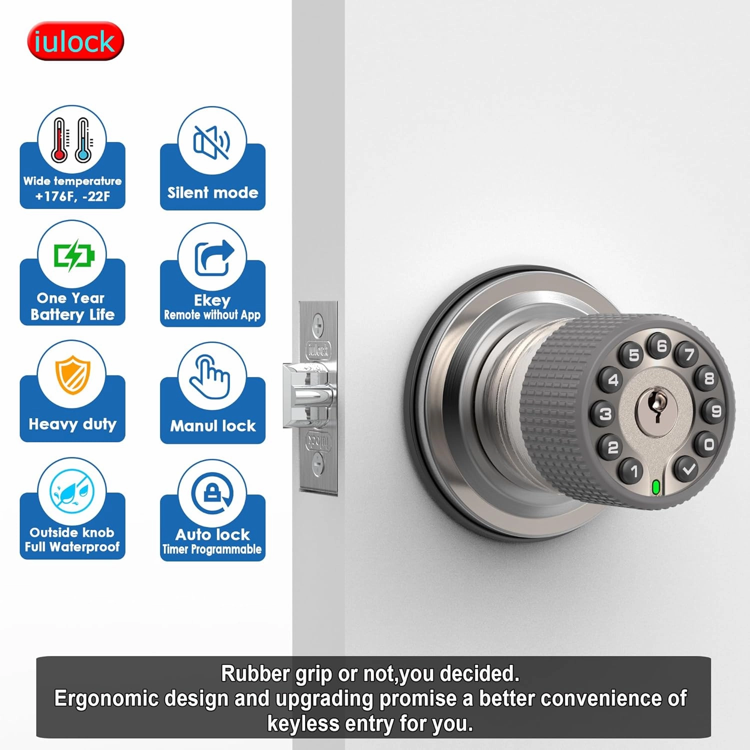 Smart Door Knob with Keypad and Key,Keyless Entry Door Lock with Rubber Grip, Auto Lock,50 User Code,Waterproof, Easy to Install and Program for Bedroom Garage Office Gate (Satin Nickel)
