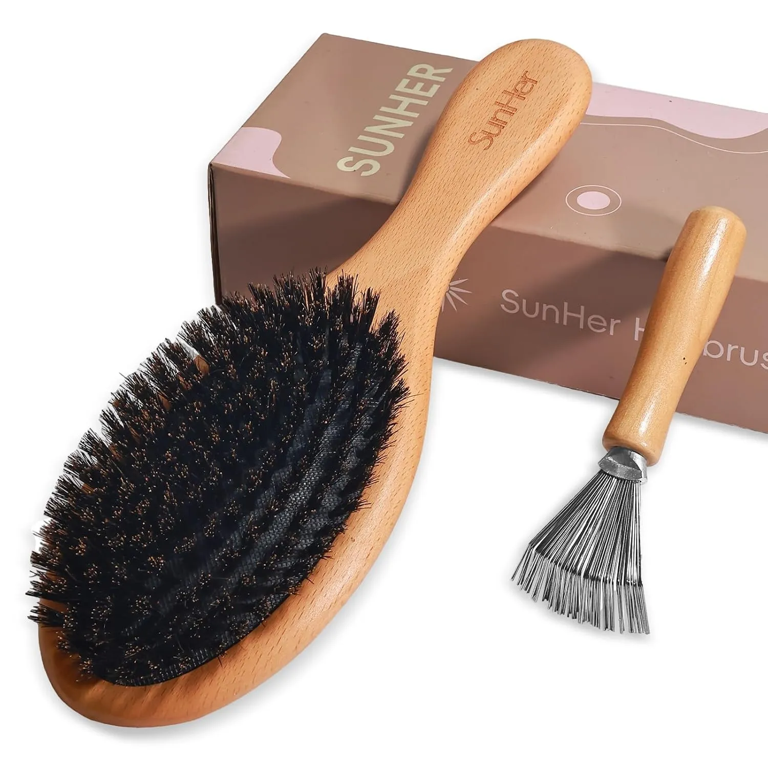 Soft Boar Bristle Hair Brush -100% Natural Bristle Brush for Women Men Short Thin Curly Hair Smoothing Restore Shine & Fine- Wooden Hairbrush with Brush Cleaner