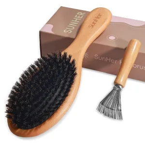 Soft Boar Bristle Hair Brush -100% Natural Bristle Brush for Women Men Short Thin Curly Hair Smoothing Restore Shine & Fine- Wooden Hairbrush with Brush Cleaner