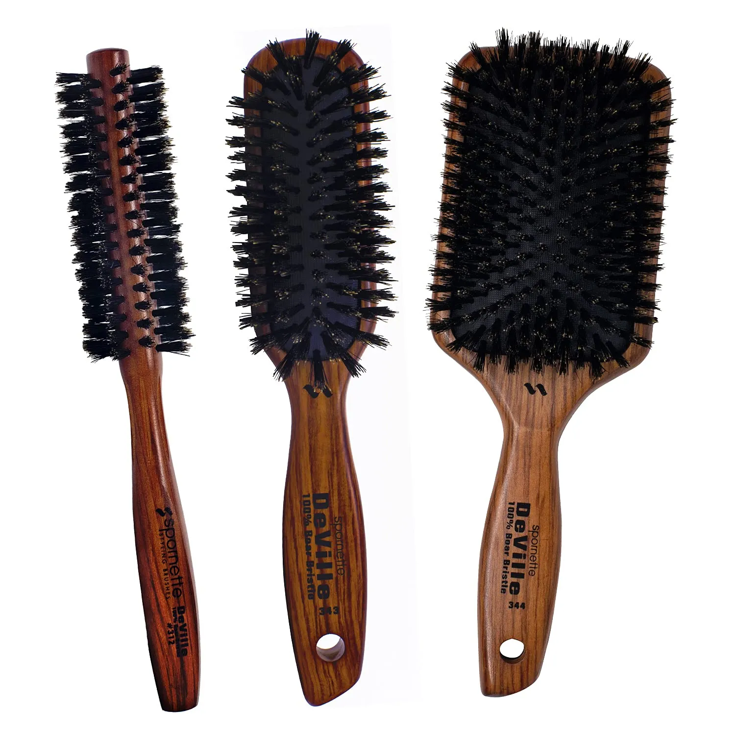 Spornette Deville 1.5 Inch Round Boar Bristle Bundle with Sculpting Hair Brush and Cushion Paddle Boar Bristle for Short, Curly, Frizzy, Thin, Thick Hair - Brown, Unisex