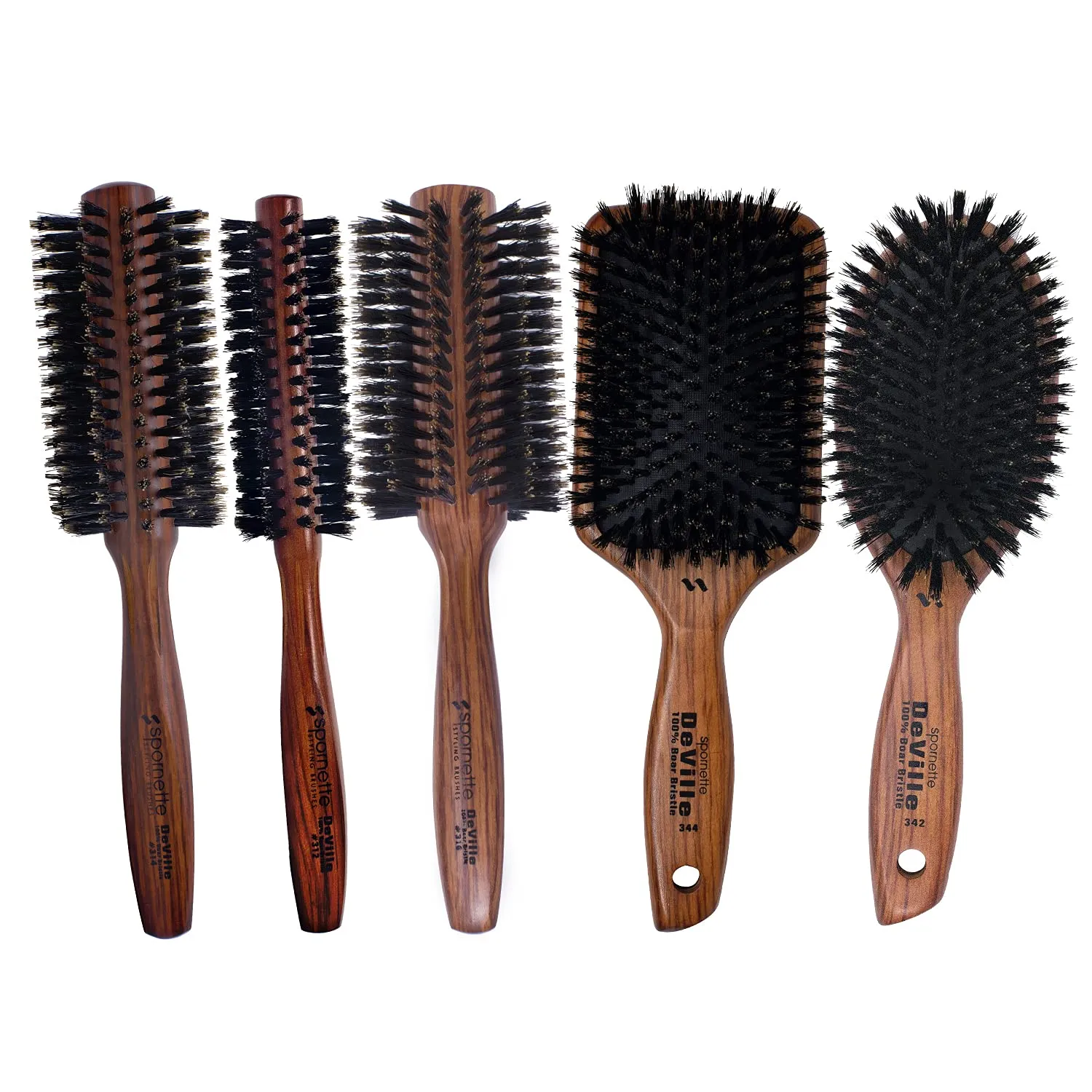 Spornette Deville 2 Inch Round Boar Bristle Bundle with Deville 1.5 Inch Round Boar Bristle, 2.5 Inch Round Boar Bristle, Deville Cushion Paddle Boar Bristle and Deville Cushion Oval Boar Brush