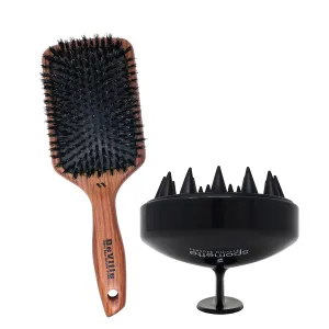 Spornette Deville Cushion Paddle Boar Bristle Bundle with Scalp Massager Shampoo Brush Black