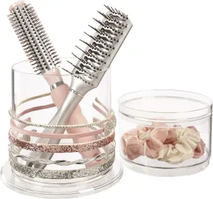 STORi Bella Stackable Clear Plastic Hair Accessory Organizer Set | Round Headband and Hairbrush Holder Stacks on the Storage Containers with Tray Lid | Made in USA