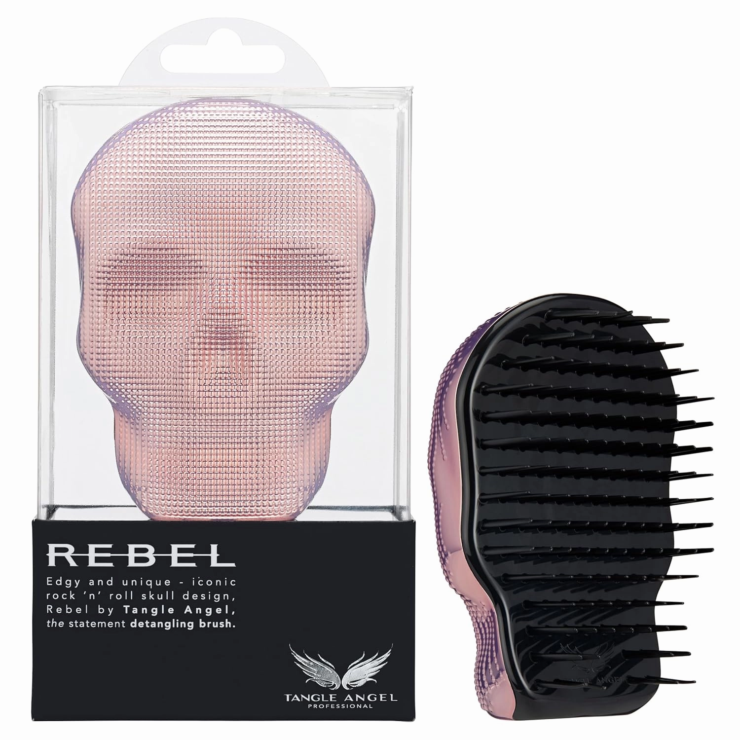 Tangle Angel Detangler Hair Brush - Heat & Water Resistant Compact Hair Brush Skull Design - Detangling Brush for Shower & Blow Drying - Anti Static Small Hairbrush with Soft Bristles - Pink Chrome