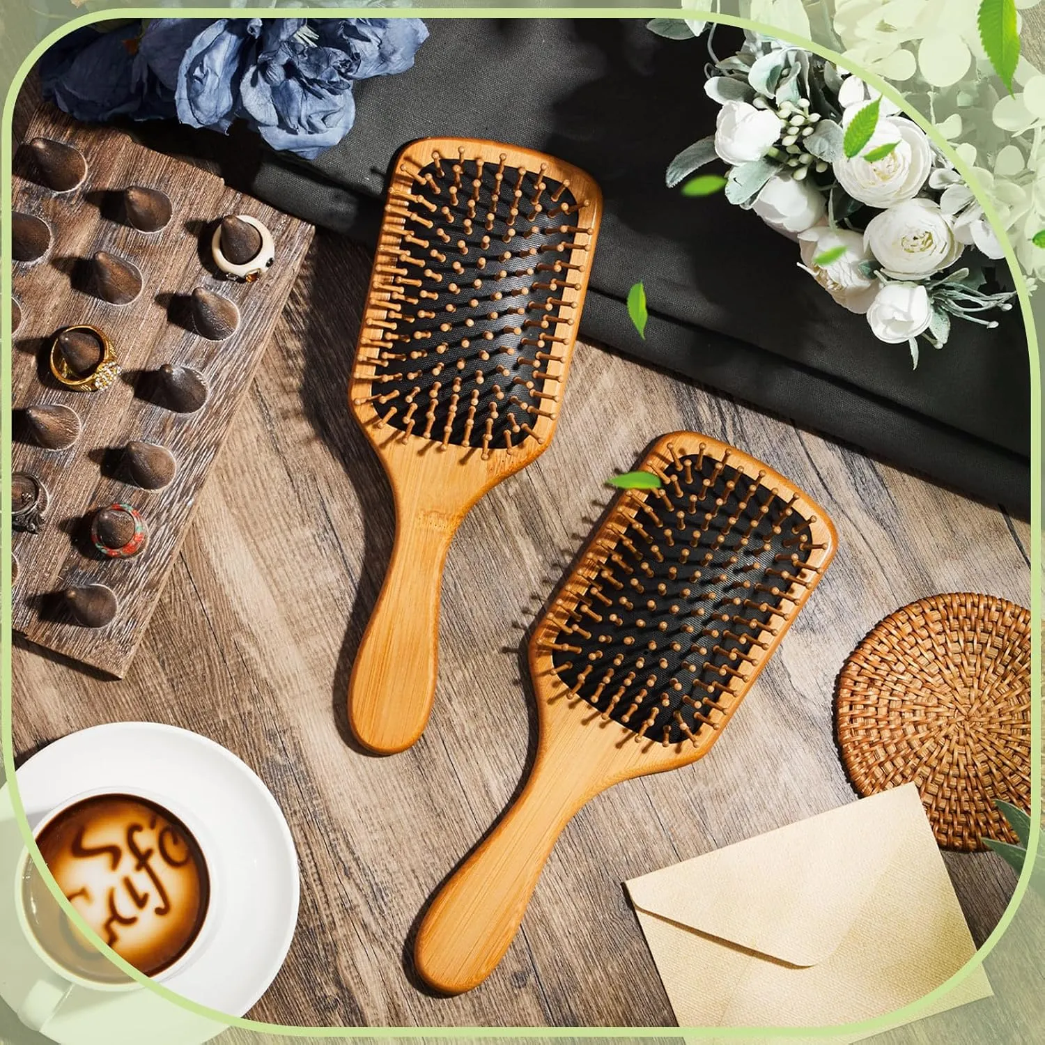 Tessco for you 12 Pcs Bamboo Hair Brushes for Women Bulk Wooden Paddle Brush Scalp Massage Bamboo Bristles Anti Static Men Engraving DIY Gift for Father's Day Wedding(Black,9.65'' X 3.35'')