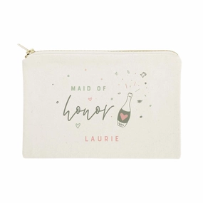 The Cotton & Canvas Co. Champagne Celebration Personalized Maid of Honor Wedding Cosmetic Bag, Bridal Party Gift and Travel Make Up Pouch