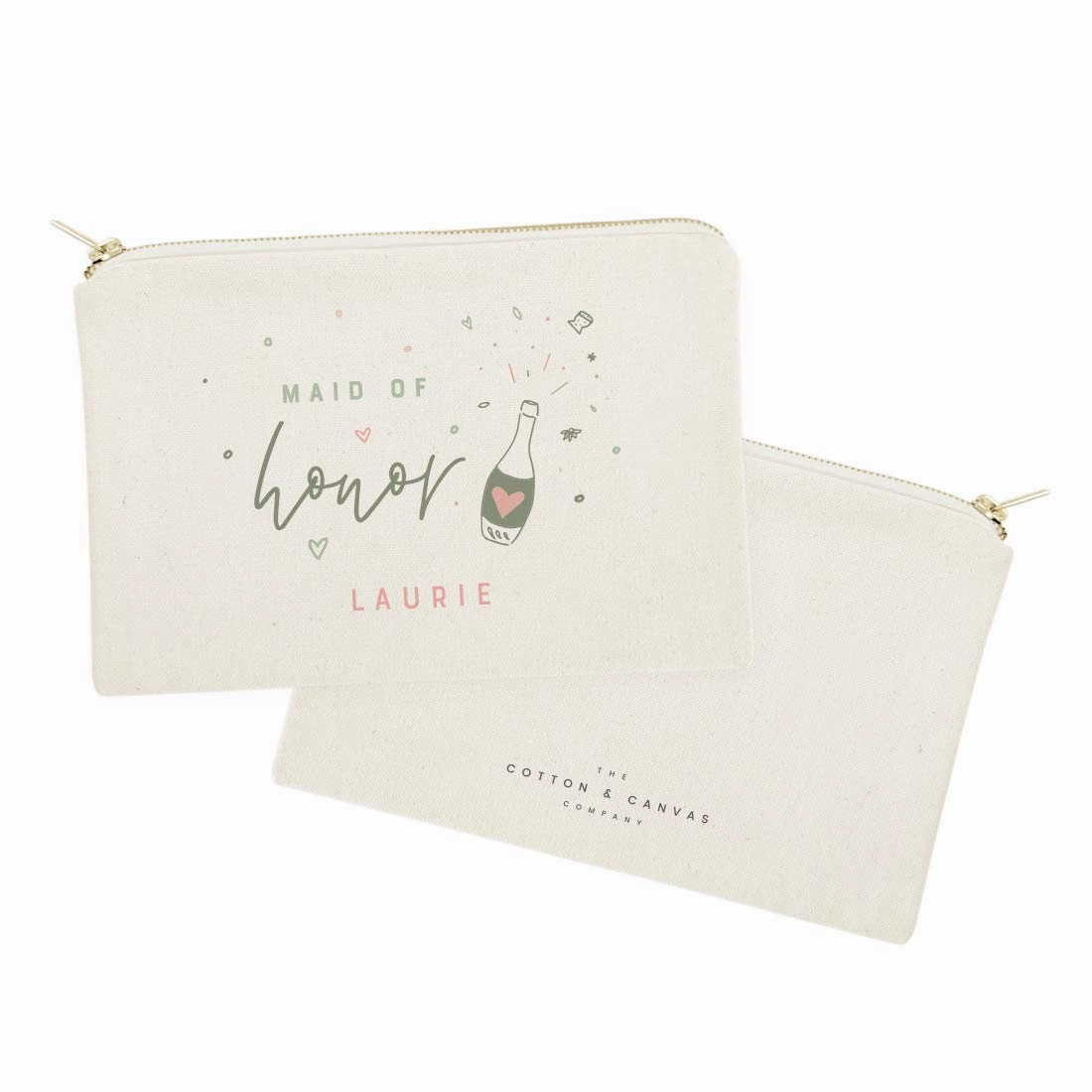 The Cotton & Canvas Co. Champagne Celebration Personalized Maid of Honor Wedding Cosmetic Bag, Bridal Party Gift and Travel Make Up Pouch
