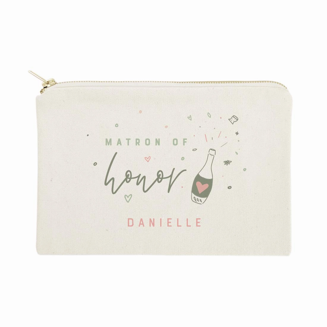 The Cotton & Canvas Co. Champagne Celebration Personalized Matron of Honor Wedding Cosmetic Bag, Bridal Party Gift and Travel Make Up Pouch