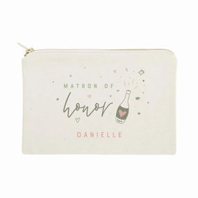 The Cotton & Canvas Co. Champagne Celebration Personalized Matron of Honor Wedding Cosmetic Bag, Bridal Party Gift and Travel Make Up Pouch