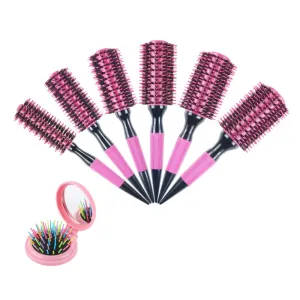 Thermal Round Barrel Boar Bristle Hair Brush Set for Women & Men - Professional Hair Styling for Blow Drying, Curling, Scalp Massage, Wet and Dry Use (Pink)