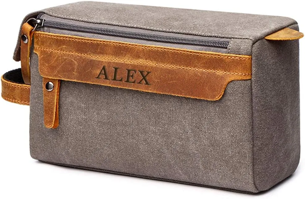 Toiletry Bag For Men And Women Personalized Shaving Kit Bag Crazy Horse Leather Dopp Kit For Men Travel Shaving Bag Mens Toiletry Bag Canvas Dopp Kit For Travel (Grey)