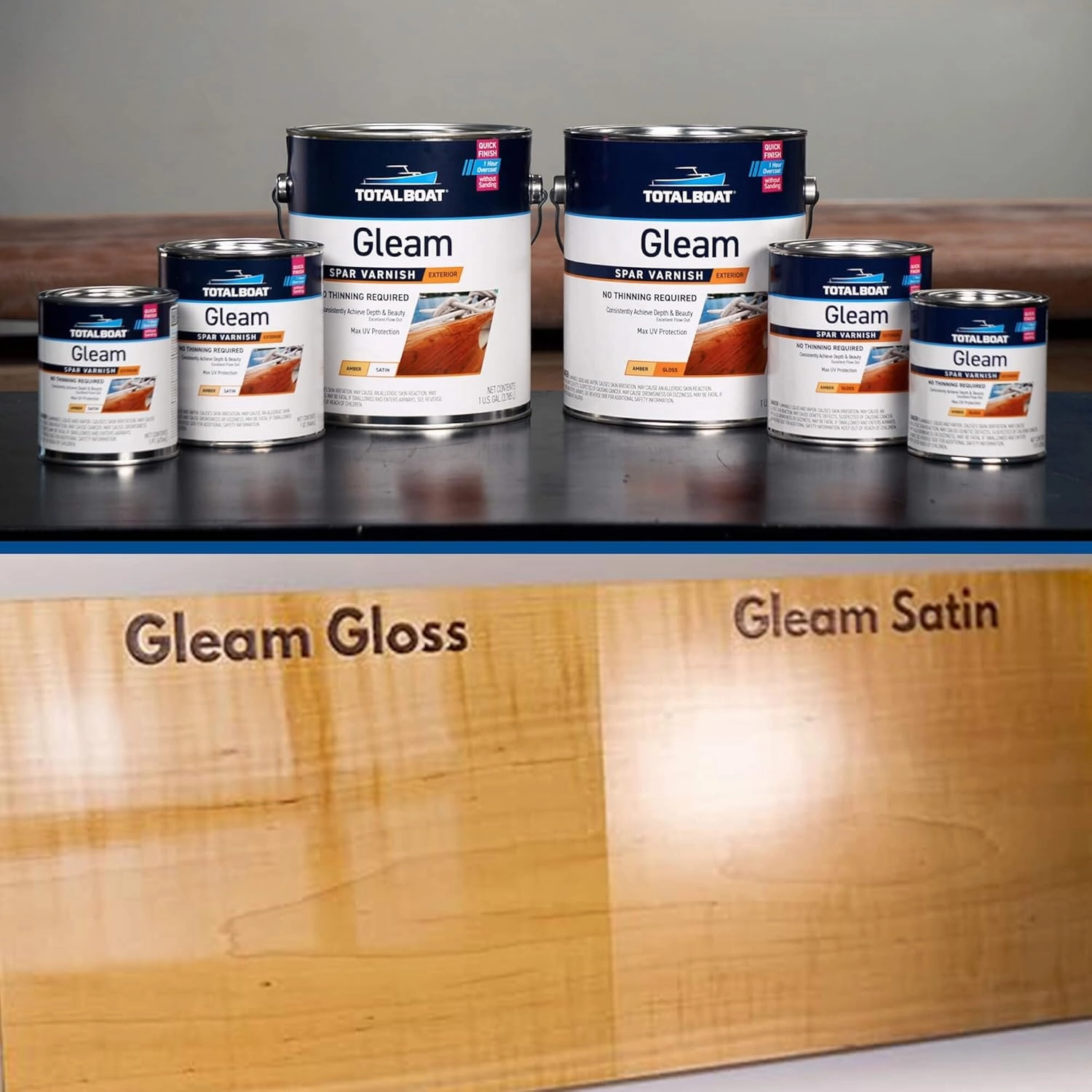 TotalBoat Gleam Marine Spar Varnish, Gloss and Satin Polyurethane Finish for Wood, Boats and Outdoor Furniture (Satin Low-Sheen Quart)