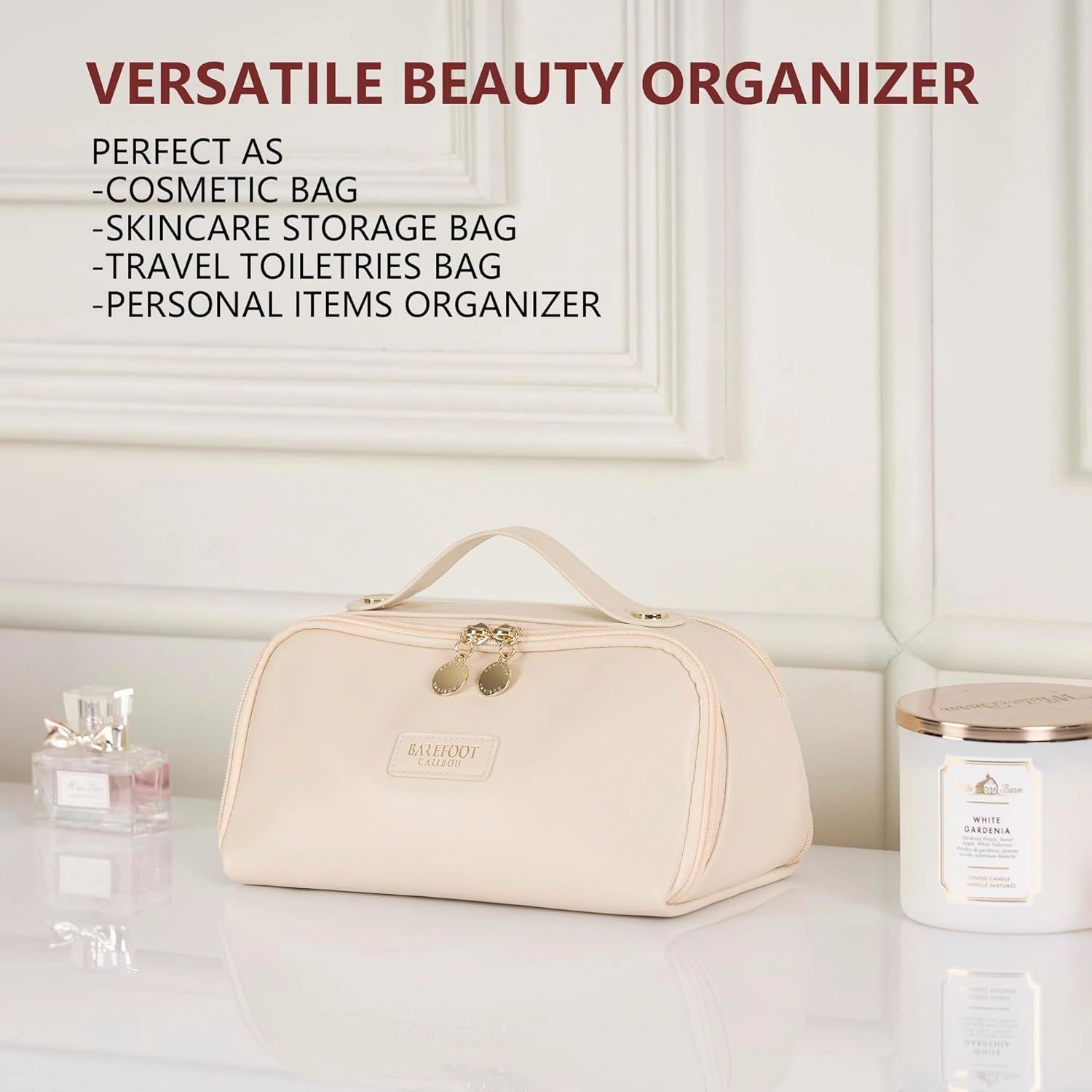Travel Makeup Bag and Cosmetic Organizer for Women, with Multiple Pockets, Wide Open Design, Large Brush Pocket, Compact and Portable Storage Bag for Travel Accessories and Beauty Essentials (Ivory)
