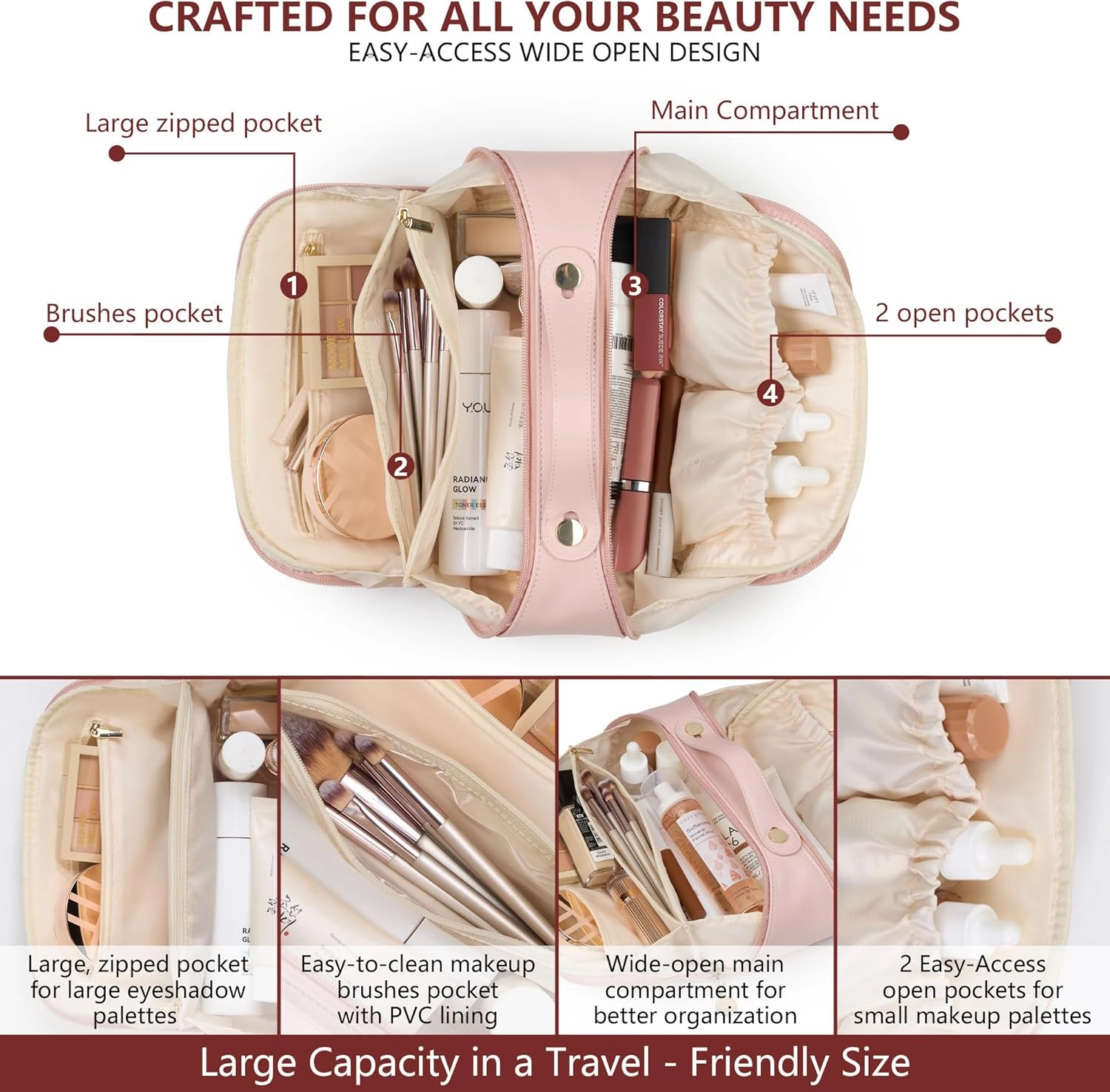 Travel Makeup Bag and Cosmetic Organizer for Women, with Multiple Pockets, Wide Open Design, Large Brush Pocket, Compact and Portable Storage Bag for Travel Accessories and Beauty Essentials (Pink)