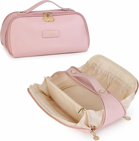 Travel Makeup Bag and Cosmetic Organizer for Women, with Multiple Pockets, Wide Open Design, Large Brush Pocket, Compact and Portable Storage Bag for Travel Accessories and Beauty Essentials (Pink)