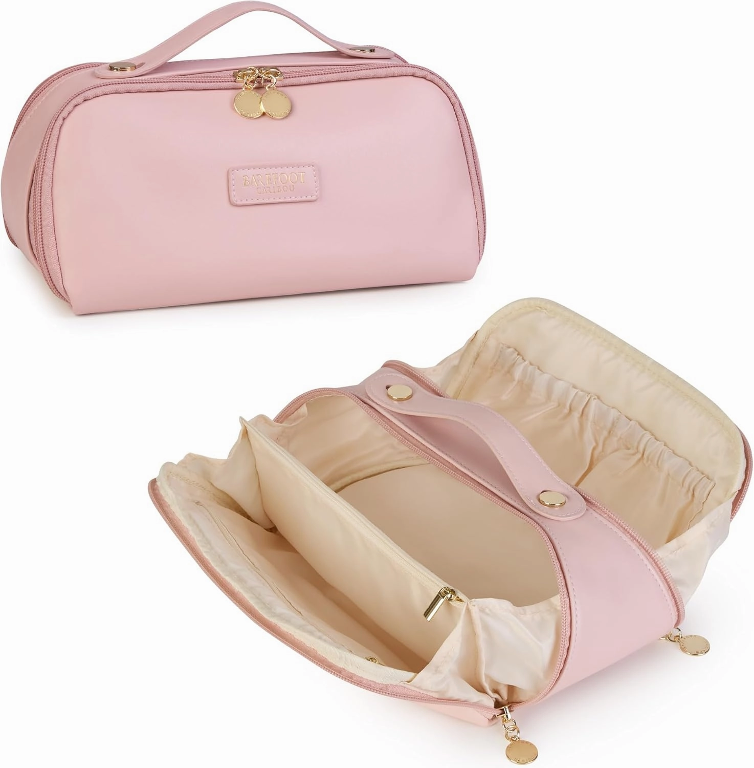 Travel Makeup Bag and Cosmetic Organizer for Women, with Multiple Pockets, Wide Open Design, Large Brush Pocket, Compact and Portable Storage Bag for Travel Accessories and Beauty Essentials (Pink)