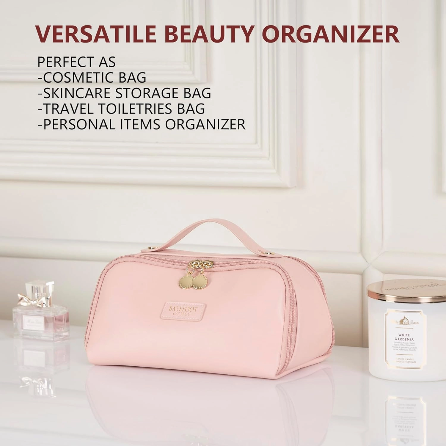 Travel Makeup Bag and Cosmetic Organizer for Women, with Multiple Pockets, Wide Open Design, Large Brush Pocket, Compact and Portable Storage Bag for Travel Accessories and Beauty Essentials (Pink)