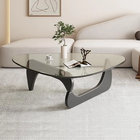 Triangle Coffee Table Modern Noguchi End Table, Solid Wood Base and 8mm Thick Tempered Glass Top Accent for Living Room Office Hotel Patio (Black Legs   Transparent Glass, 32 * 22 * 16)
