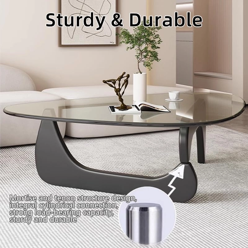 Triangle Coffee Table Modern Noguchi End Table, Solid Wood Base and 8mm Thick Tempered Glass Top Accent for Living Room Office Hotel Patio (Black Legs   Transparent Glass, 32 * 22 * 16)