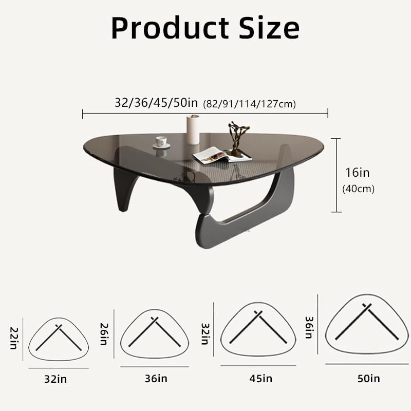 Triangle Coffee Table Modern Noguchi End Table, Solid Wood Base and 8mm Thick Tempered Glass Top Accent for Living Room Office Hotel Patio (Black Legs   Transparent Glass, 32 * 22 * 16)