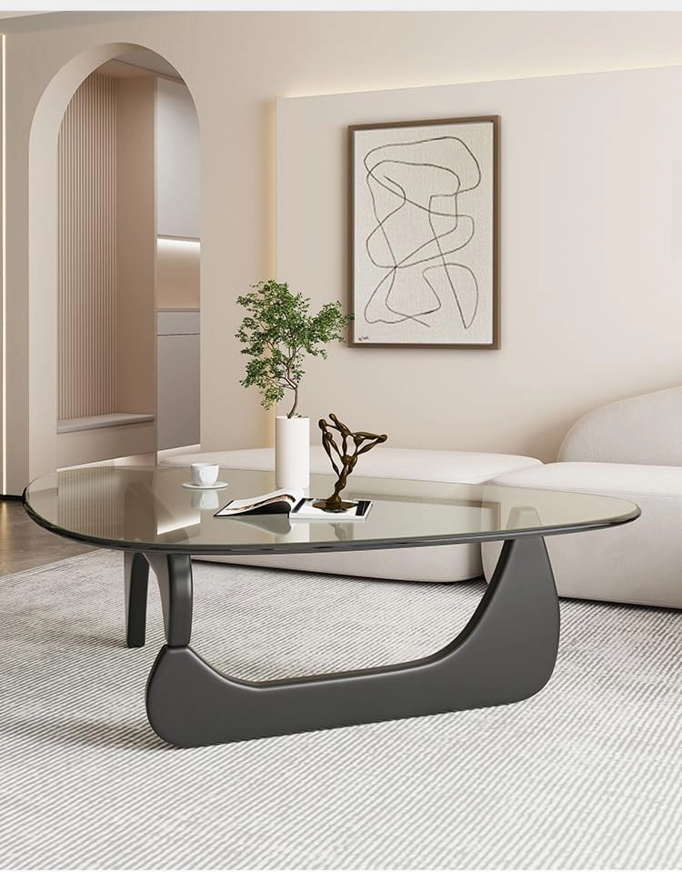 Triangle Coffee Table Modern Noguchi End Table, Solid Wood Base and 8mm Thick Tempered Glass Top Accent for Living Room Office Hotel Patio (Black Legs   Transparent Glass, 32 * 22 * 16)