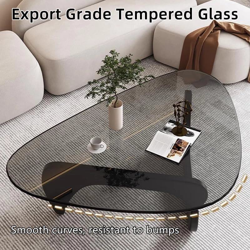 Triangle Coffee Table Modern Noguchi End Table, Solid Wood Base and 8mm Thick Tempered Glass Top Accent for Living Room Office Hotel Patio (Black Legs   Transparent Glass, 32 * 22 * 16)