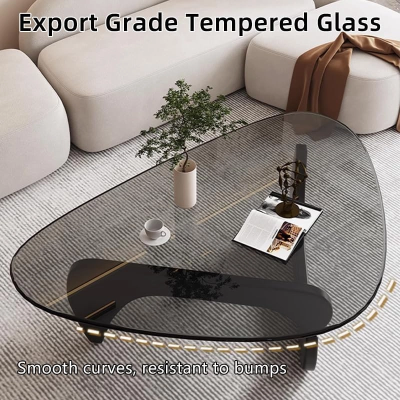 Triangle Coffee Table Modern Noguchi End Table, Solid Wood Base and 8mm Thick Tempered Glass Top Accent for Living Room Office Hotel Patio (Natural Wood Legs   Teal Glass, 32 * 22 * 16)