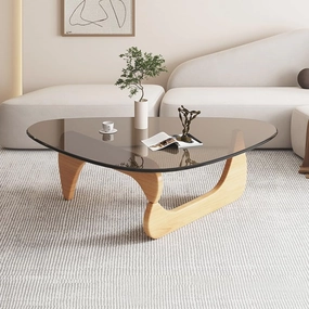 Triangle Coffee Table Modern Noguchi End Table, Solid Wood Base and 8mm Thick Tempered Glass Top Accent for Living Room Office Hotel Patio (Natural Wood Legs   Teal Glass, 32 * 22 * 16)