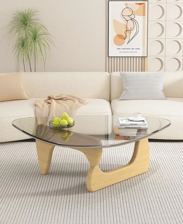 Triangle Coffee Table Modern Noguchi End Table, Solid Wood Base and 8mm Thick Tempered Glass Top Accent for Living Room Office Hotel Patio (Natural Wood Legs   Teal Glass, 32 * 22 * 16)
