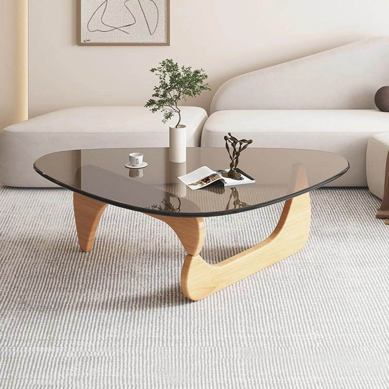 Triangle Coffee Table Modern Noguchi End Table, Solid Wood Base and 8mm Thick Tempered Glass Top Accent for Living Room Office Hotel Patio (Natural Wood Legs   Teal Glass, 32 * 22 * 16)