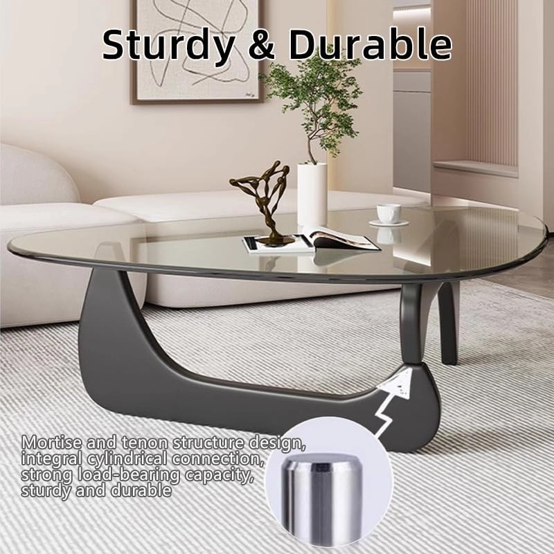 Triangle Coffee Table Modern Noguchi End Table, Solid Wood Base and 8mm Thick Tempered Glass Top Accent for Living Room Office Hotel Patio (Walnut Legs   Gray Glass, 32 * 22 * 16)