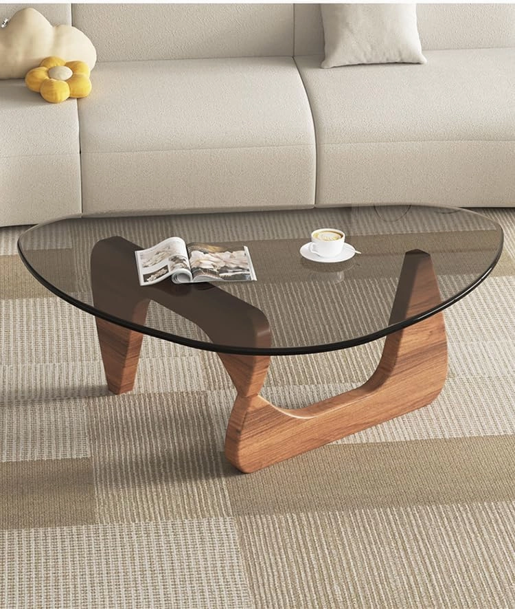 Triangle Coffee Table Modern Noguchi End Table, Solid Wood Base and 8mm Thick Tempered Glass Top Accent for Living Room Office Hotel Patio (Walnut Legs   Gray Glass, 32 * 22 * 16)