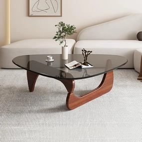 Triangle Coffee Table Modern Noguchi End Table, Solid Wood Base and 8mm Thick Tempered Glass Top Accent for Living Room Office Hotel Patio (Walnut Legs   Gray Glass, 32 * 22 * 16)