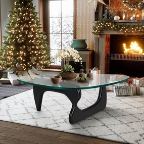 Triangle Glass Coffee Table Modern Noguchi Coffee Table, Vintage Glass, and Wood End Table, Solid Wood Base and Clear Glass Top Accent Coffee Table, for Living Room, Patio