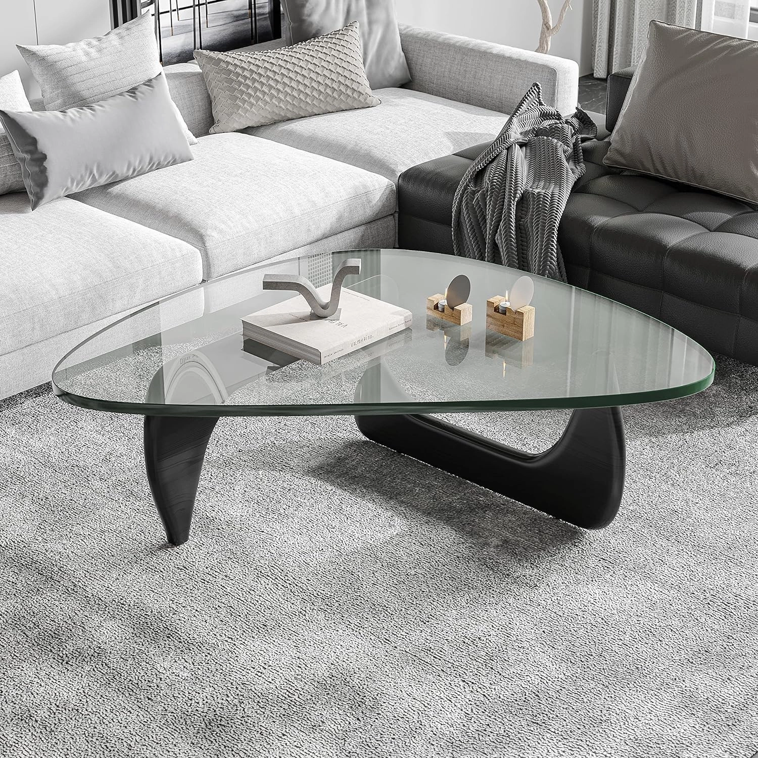 Triangle Glass Coffee Table Modern Noguchi Coffee Table, Vintage Glass, and Wood End Table, Solid Wood Base and Clear Glass Top Accent Coffee Table, for Living Room, Patio
