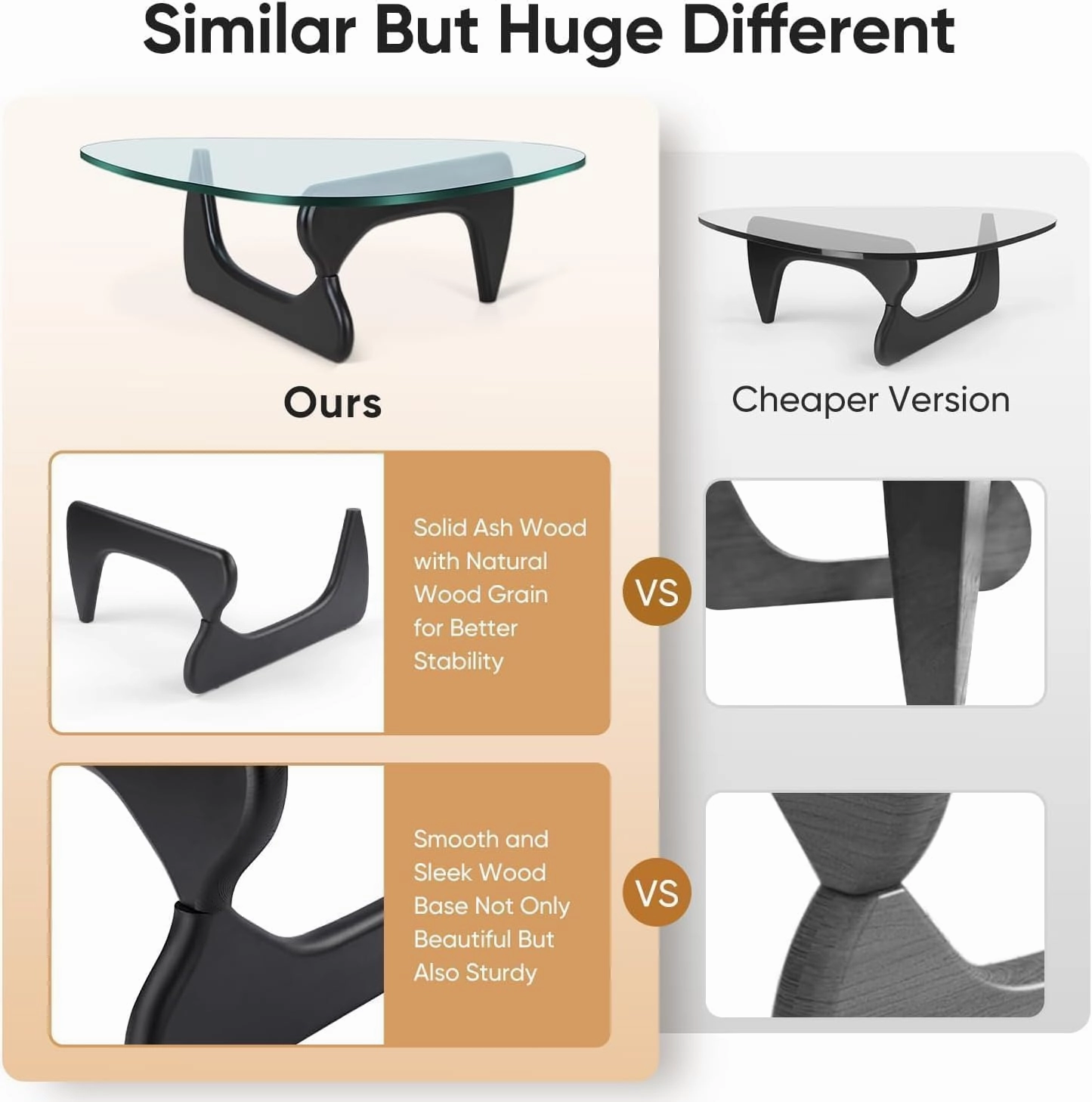 Triangle Glass Coffee Table Modern Noguchi Coffee Table, Vintage Glass, and Wood End Table, Solid Wood Base and Clear Glass Top Accent Coffee Table, for Living Room, Patio