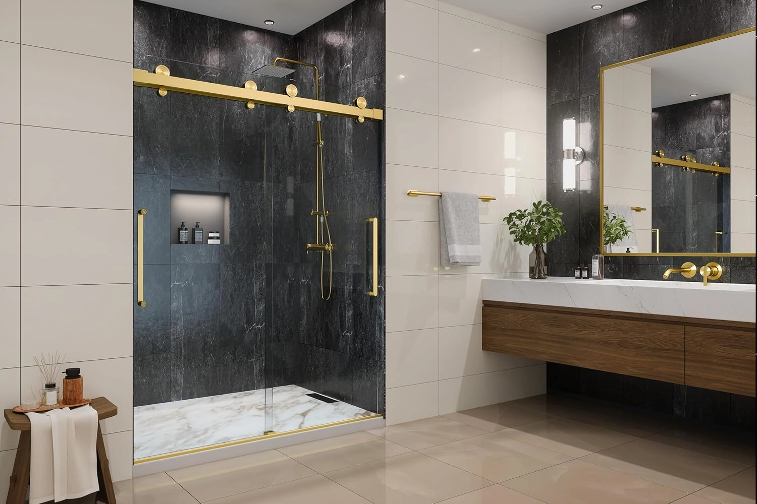 Twinglide Windsor 56.5-60" W x 78" H Double Sliding Frameless Shower Door with 3/8" Clear Tempered Glass (Satin Gold/Satin Brass)