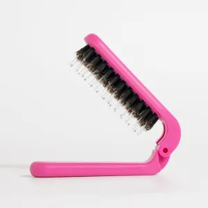 Uffy Travel Hair Brush – Mini Folding Boar Bristles for Women, Men & Kids | Kid-Friendly Portable Purse Brush for Wet & Dry Hair, Curly or Straight | Pocket-Size Detangler – Hot Pink