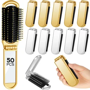 Uiifan 50 Pcs Travel Brush Compact Portable Mini Folding Hair Brush with Mirror Bulk Pocket Size for Men Women Hair Styling Purse Car Locker Toiletry Bag(Gold, Silver)
