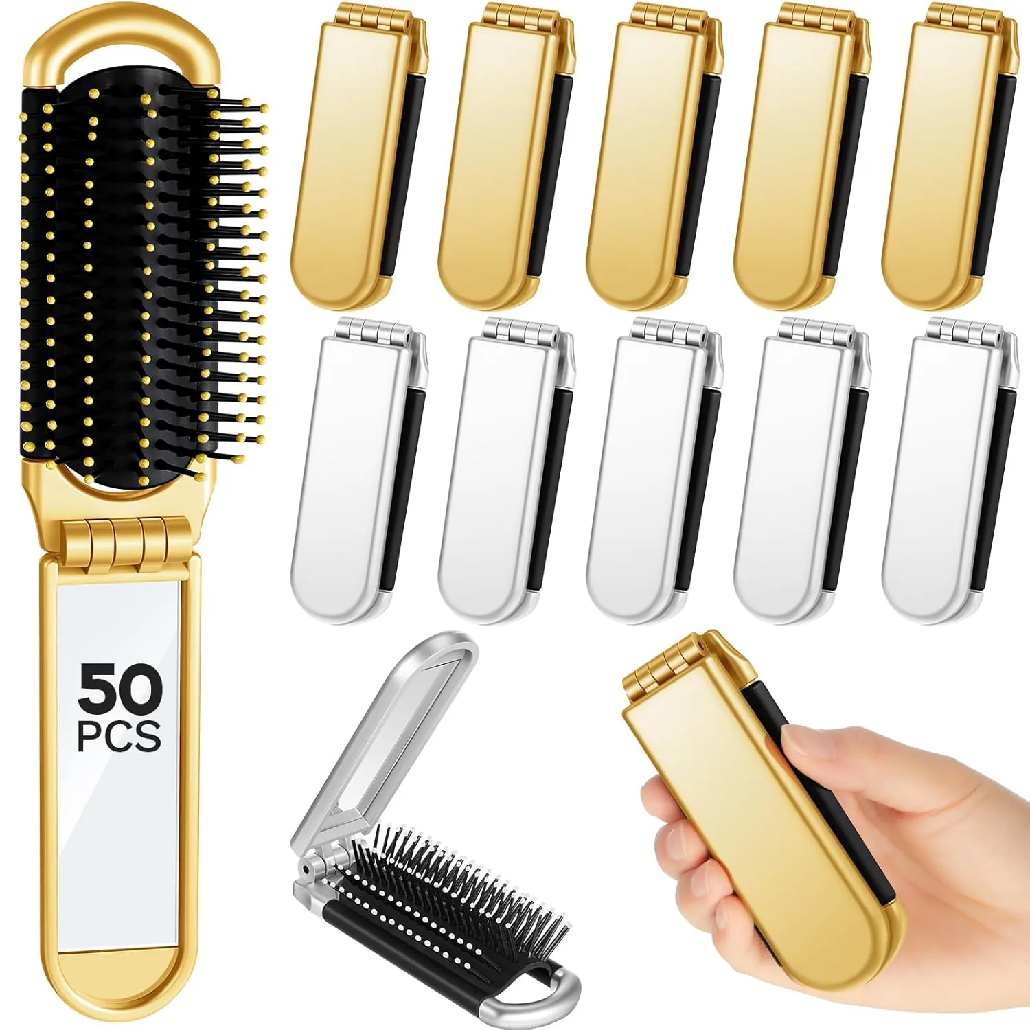 Uiifan 50 Pcs Travel Brush Compact Portable Mini Folding Hair Brush with Mirror Bulk Pocket Size for Men Women Hair Styling Purse Car Locker Toiletry Bag(Gold, Silver)