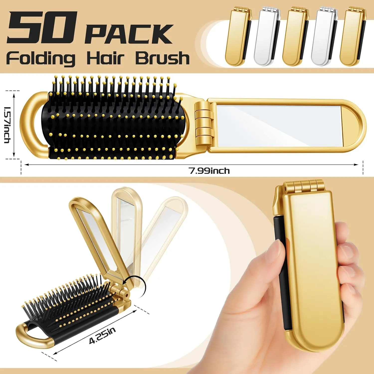 Uiifan 50 Pcs Travel Brush Compact Portable Mini Folding Hair Brush with Mirror Bulk Pocket Size for Men Women Hair Styling Purse Car Locker Toiletry Bag(Gold, Silver)