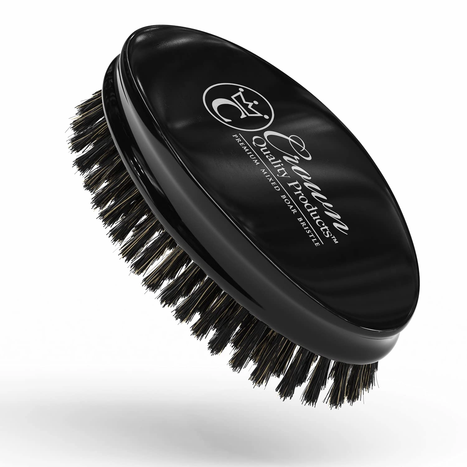 Ultimate Beard Hairbrush - Designed for Beards - Medium-Firm Mixed Boar Bristle, All Purpose Compact Detailing Brush, Solid Maple, High Gloss Black Finish, Silver Engraved by Crown Quality Products