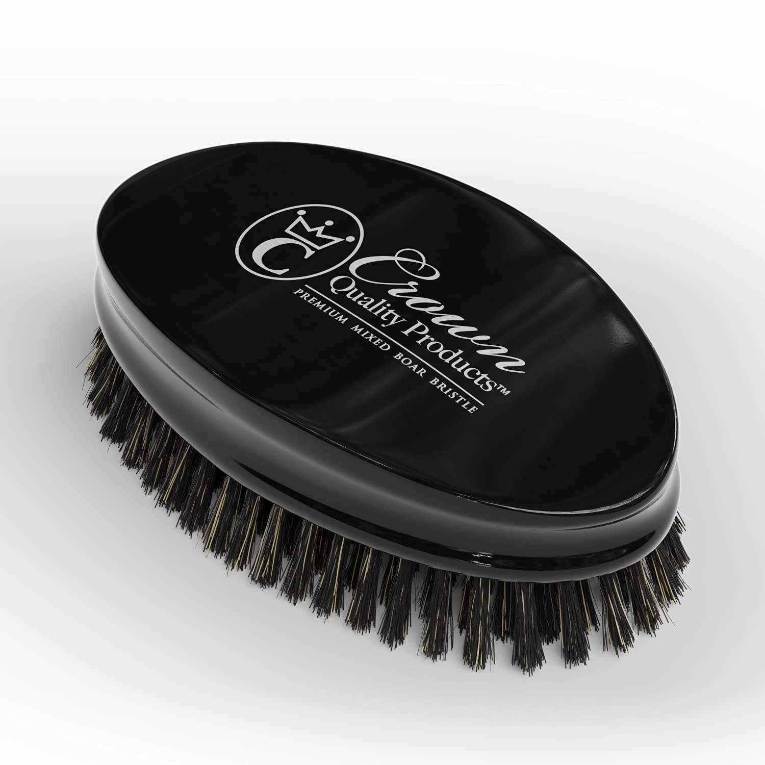 Ultimate Beard Hairbrush - Designed for Beards - Medium-Firm Mixed Boar Bristle, All Purpose Compact Detailing Brush, Solid Maple, High Gloss Black Finish, Silver Engraved by Crown Quality Products