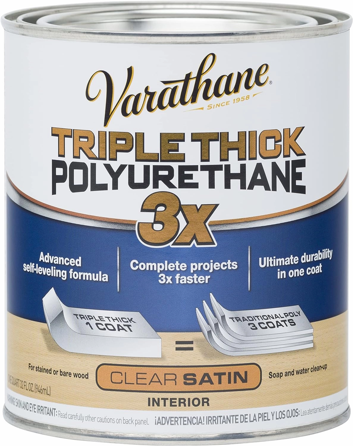 Varathane 284473 Triple Thick Polyurethane Wood Finish, Quart, Satin Clear