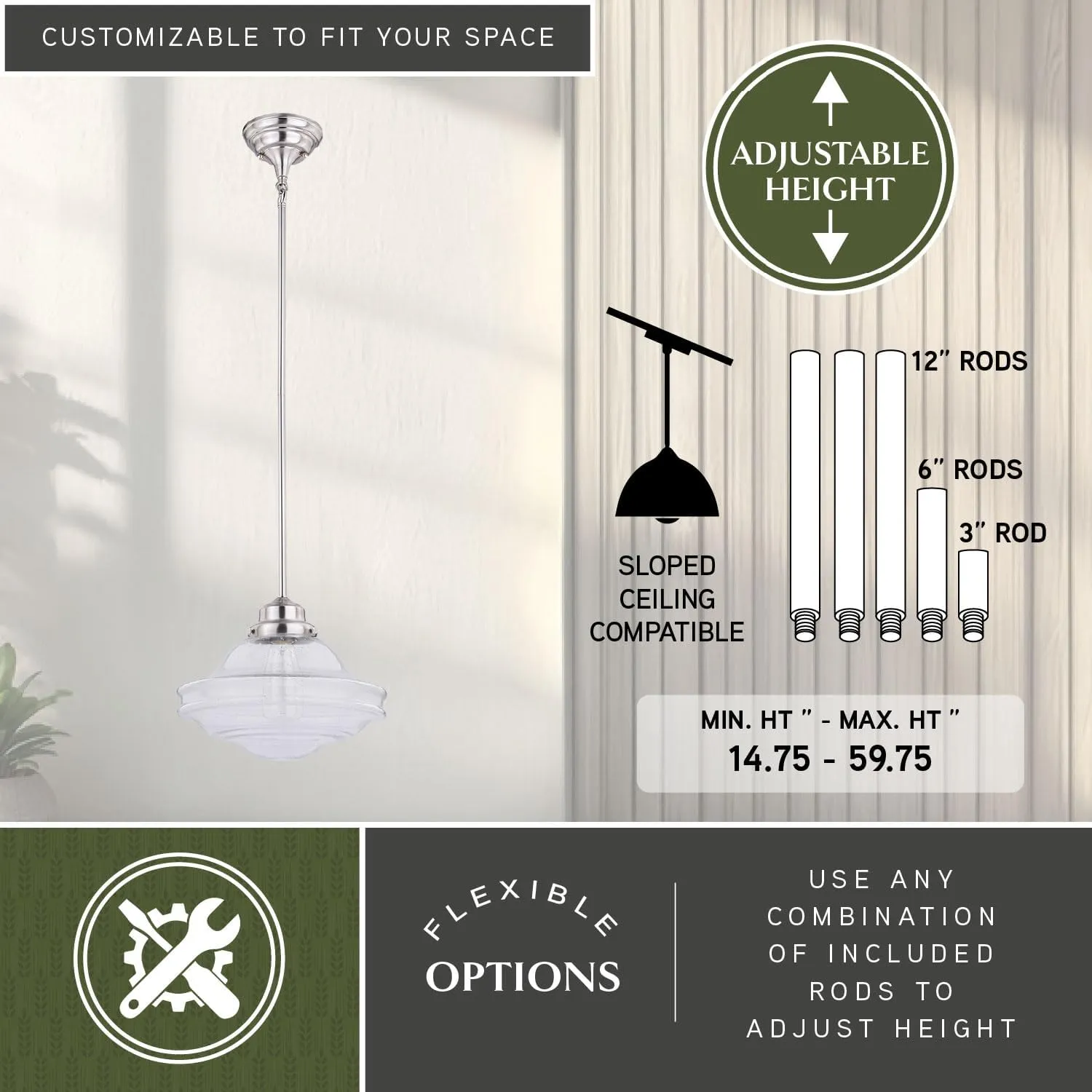 VAXCEL Huntley 1 Light Satin Nickel Farmhouse Schoolhouse Pendant Clear Glass