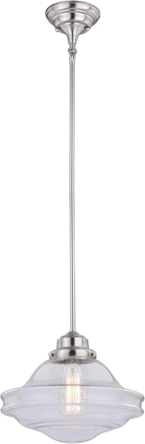 VAXCEL Huntley 1 Light Satin Nickel Farmhouse Schoolhouse Pendant Clear Glass