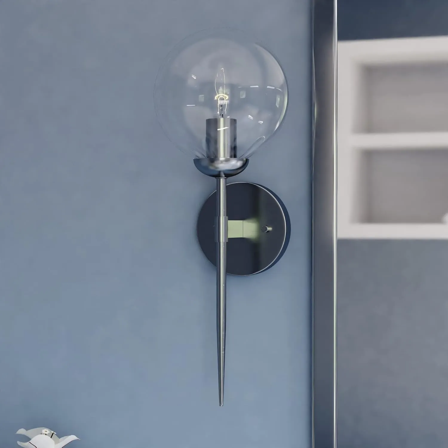 VAXCEL Olson 1 Light Satin Nickel Mid-Century Modern Wall Sconce Clear Glass Globe