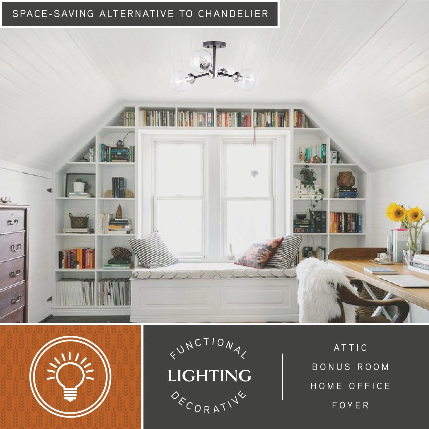 VAXCEL Orbit 20-in W Nickel Industrial Sputnik Semi Flush Mount Ceiling Light Clear Glass