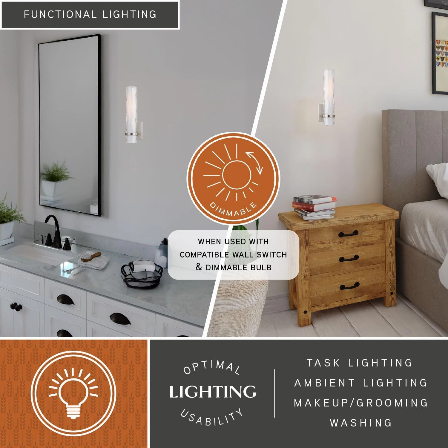 VAXCEL Vilo 1 Light Satin Nickel Bathroom Wall Fixture
