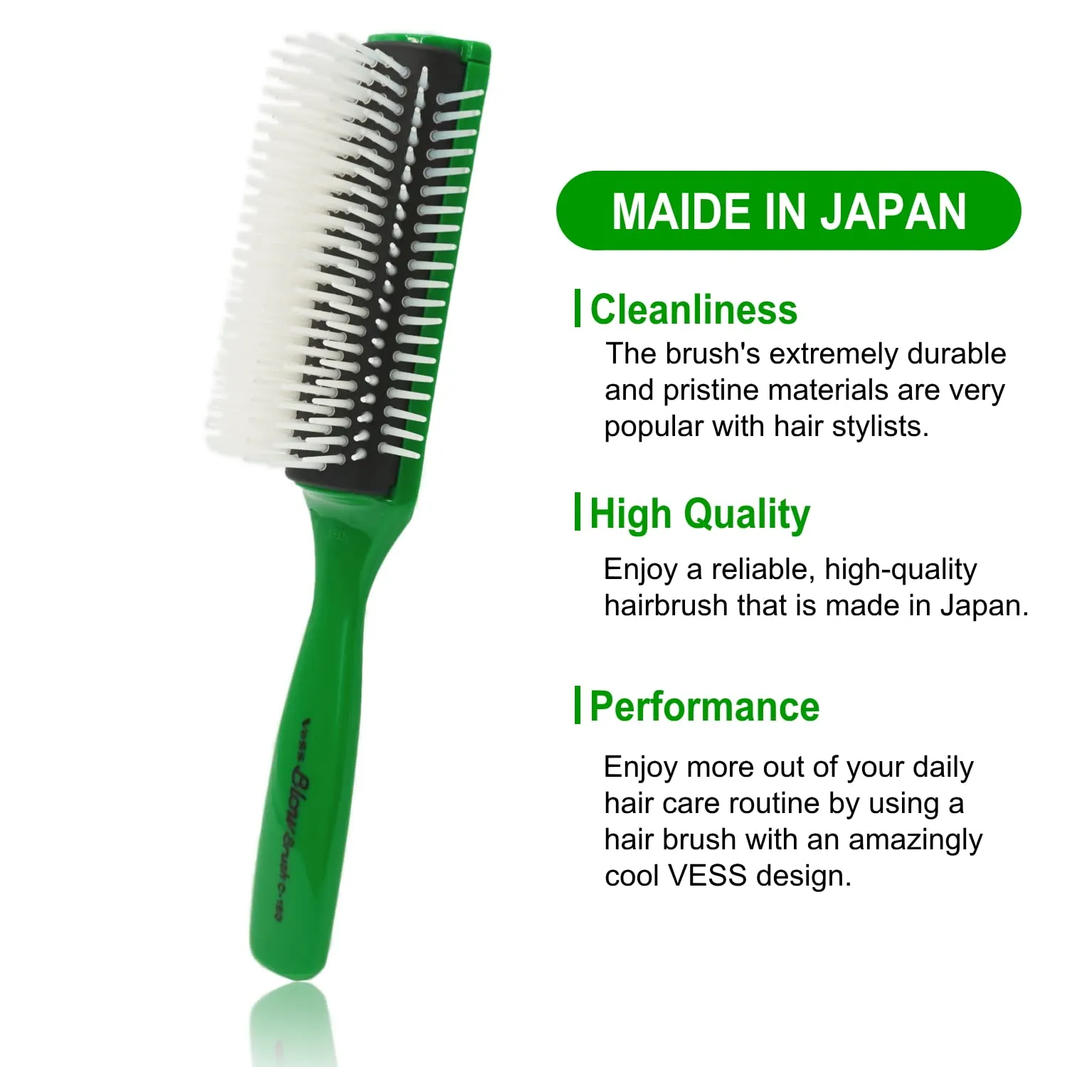 VESS Blow and Styling Hair Brush, Wide 9 Row Round Type- Light weight -Made in Japan-C-150 (Green)
